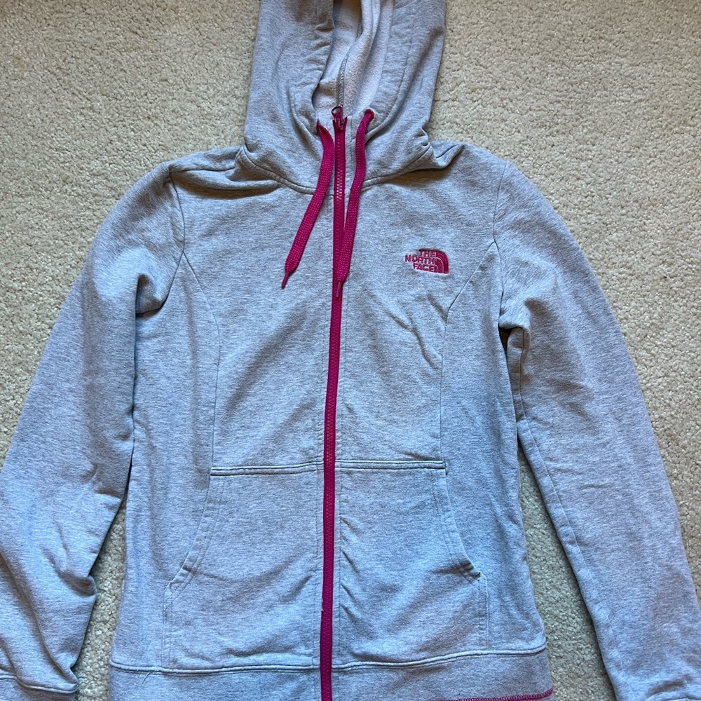 North Face womens Small grey hooded zip up with pink details used